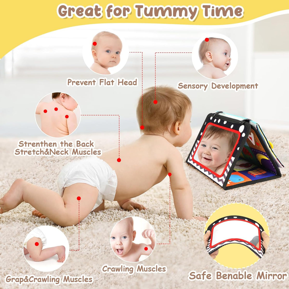 URMYWO Tummy Time Toy - Black and White High Contrast Baby Toys for Newborn - Baby Visual Stimulation Mirror - Montessori Sensory Crinkle Toy for Infant 0-3-6-12 Months - Shower Gift for Boy Girl