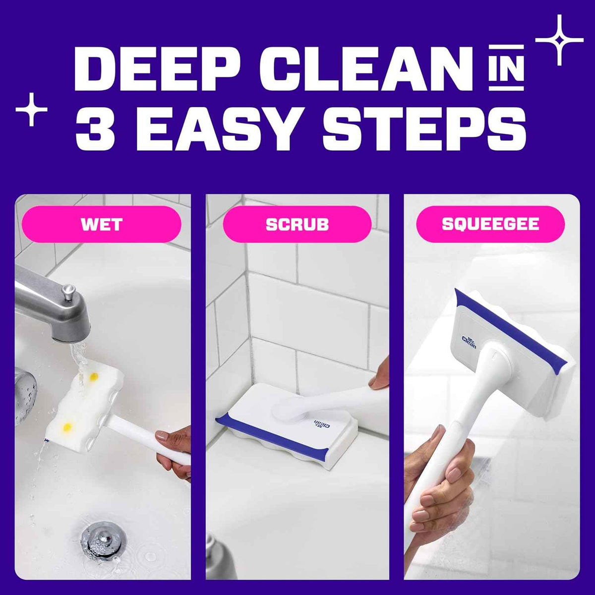 Mr. Clean Magic Eraser Shower & Tub Scrubber, Bathroom Cleaner, All in One Bathroom Cleaner, Lemon Starter Kit, 1 Scrubber & 2 Foaming Magic Erasers