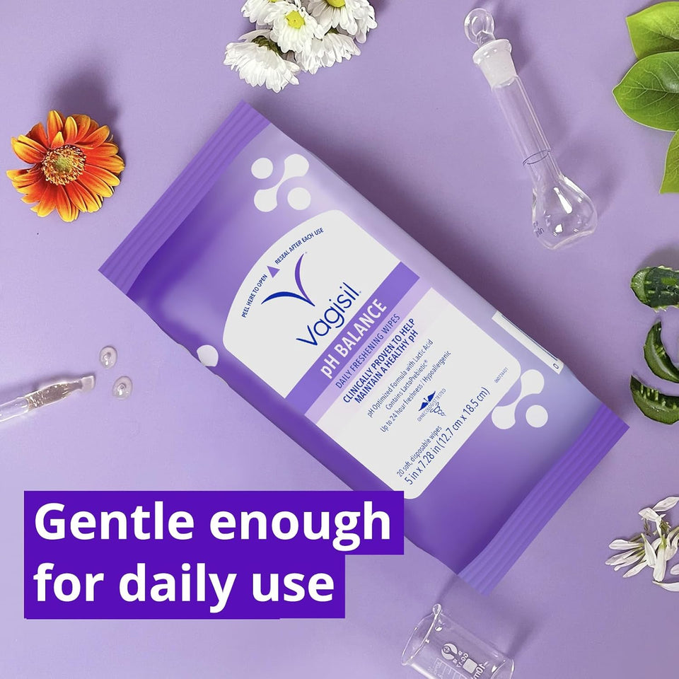 Vagisil pH Balance Daily Freshening Wipes, Hypoallergenic, Gynecologist Tested, Resealable Pouch, 20 Wipes