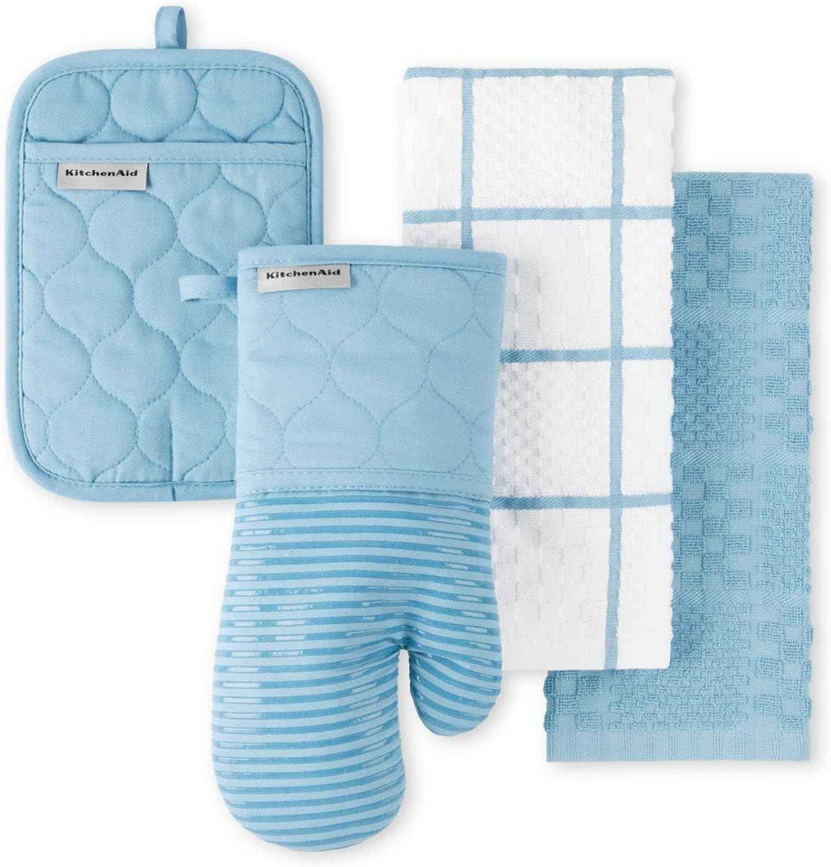 KITCHENAID Quilted Cotton Terry Cloth Oven Mitt, Pot Holder, Kitchen Towel 4-Pack Set, Heat Resistant, Silicone Grip, 16"x26", 7"x13" & 7"x10", Milkshake