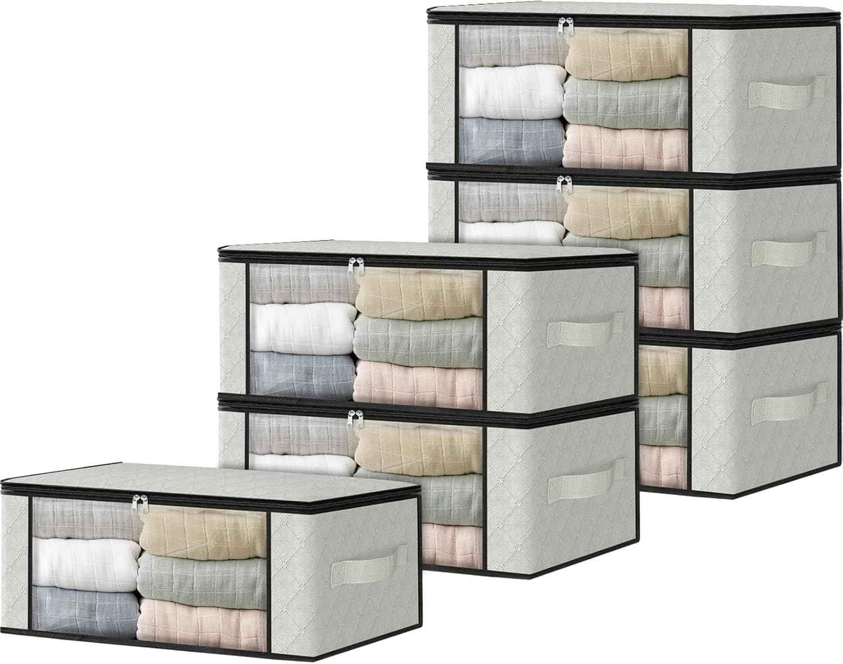 HomeHacks Storage 3-Pack Clothes Organizer Storage Bags Foldable Storage Box with Large Clear Window Sturdy Handles for Closet, Dorm, Pillows, Bedding, Clothes, Blankets, 35L, Gray