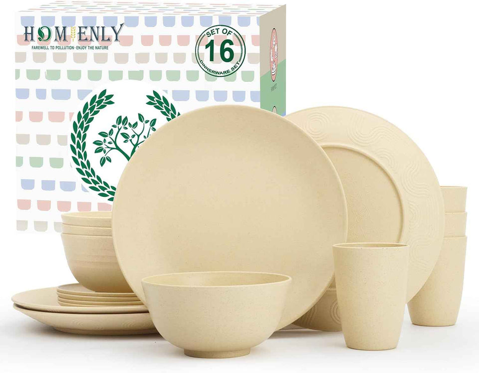 Homienly 40-Piece Premium Wheat Straw Dinnerware Sets, Service for 8, Unbreakable Plates and Bowls Set - Cups Sets, Dinner Plates, Bowls for Kitchen,Dishwasher and Microwave Safe Dishes Set - Multi