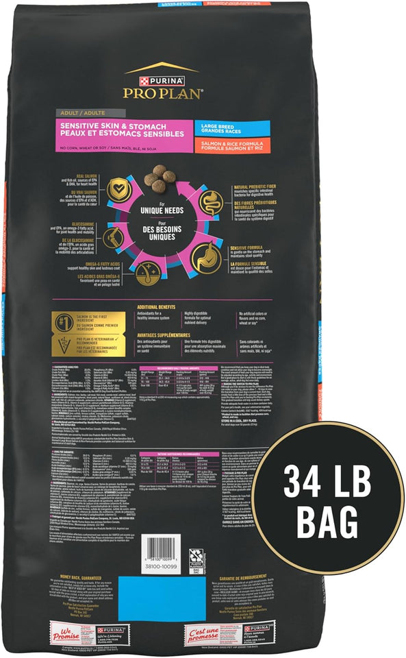 Purina pro plan sensitive skin and stomach large breed salmon and rice dog food 34 lb bag