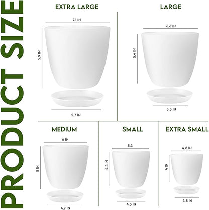 Utopia Home Plant Pots Indoor with Drainage Holes – Set of 5 White Plastic Flower Pots (7/6.6/6/5.3/4.8 Inch) – Modern Planters for Indoor Plants, Room & Office Décor, Great Stocking Stuffers