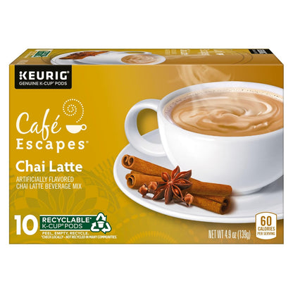 Café Escapes Chai Latte single-serve K-cup pods in 60 count box, low caffeine, contains milk, black tea and spices