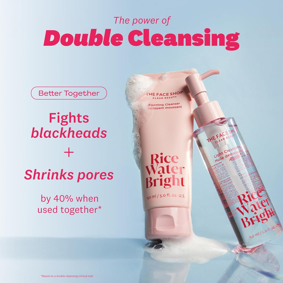 The Face Shop Rice Water Bright Double Cleansing Duo Set with Ceramide, Korean Skincare, Gentle Face Wash, Pore Control Cleansing Oil, Hydrating, Moisturizing