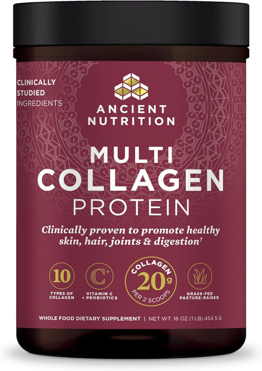 Ancient Nutrition Collagen Powder Protein with Probiotics, Unflavored Multi Collagen Protein with Vitamin C, 45 Servings, Hydrolyzed Collagen Peptides Supports Skin and Nails, Gut Health, 16oz