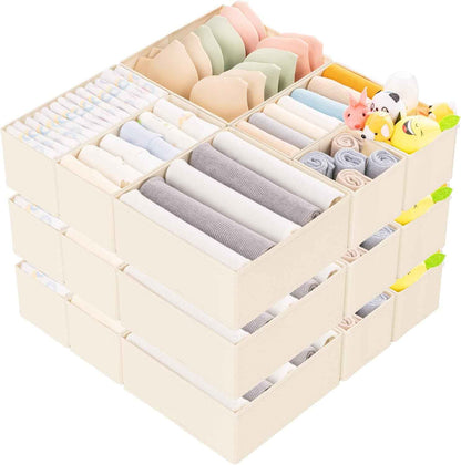Criusia 15 Pack Drawer Organizer for Clothes, Foldable Dresser Dividers with 3 Sizes, Fabric Storage Bins – Beige
