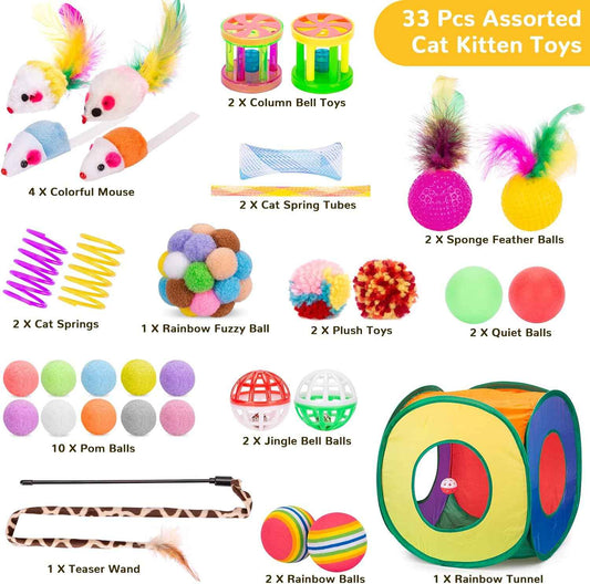 Retro Shaw Cat Toys Pack 33Pcs, Interactive Kitten Toys for Indoor Cats Kitty with Collapsible Play Tunnel Tube Tent Feather Wand Teaser Bell Fuzzy Ball Springs Mouse Toy