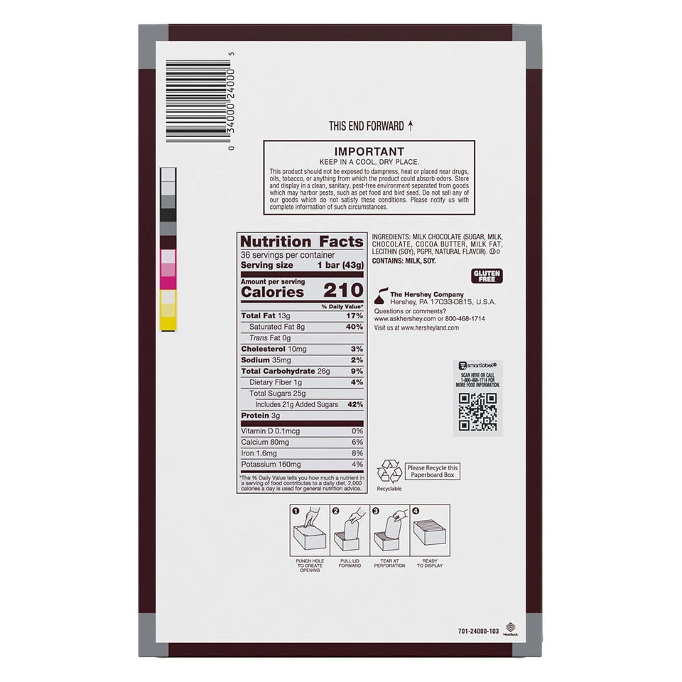 Hersheys milk chocolate bulk candy bars, 36 count, 1.55 oz each, kosher and gluten free