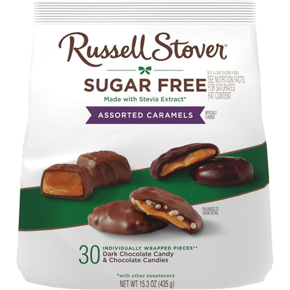 russell stover sugar free assorted caramels in chocolate, 15.3 oz. bag, made with stevia extract, no added sugar
