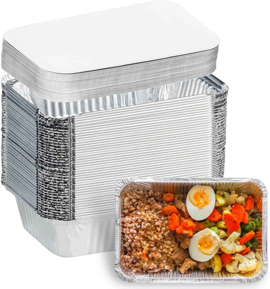 Aluminum Pans with Lids (50-Pack, 8.5"×6") 2.25 LB Capacity Foil Food Containers with Lids - 50 Pans and 50 Cardboard Covers - Disposable Tin Foil Pans - for Baking, Meal Prep and Freezer, Takeout