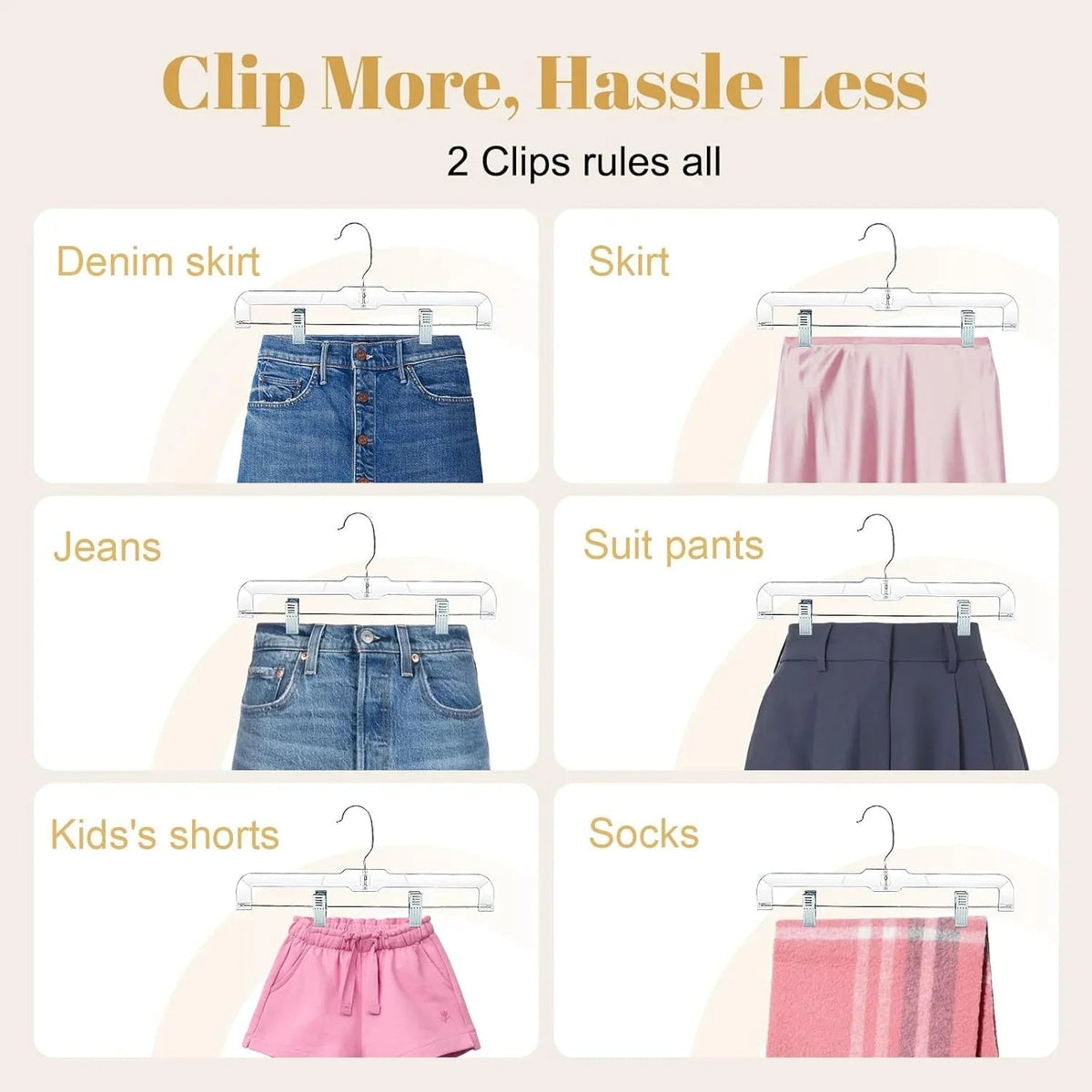 HOUSE DAY 12-Pack 14" Clear Plastic Skirt Hangers with Clips & Swivel Hook - Cart Shape