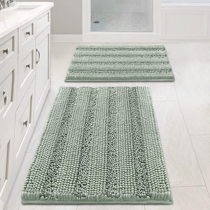 H.VERSAILTEX Sage Bathroom Rugs, Bath Mat Set of 2 Extra Thick Chenille Striped Pattern Shaggy Bath Rugs for Bath Room, Non Skid Bath Mats for Bathroom Floor (32 x 20 Plus 24 x 17 - Inches)