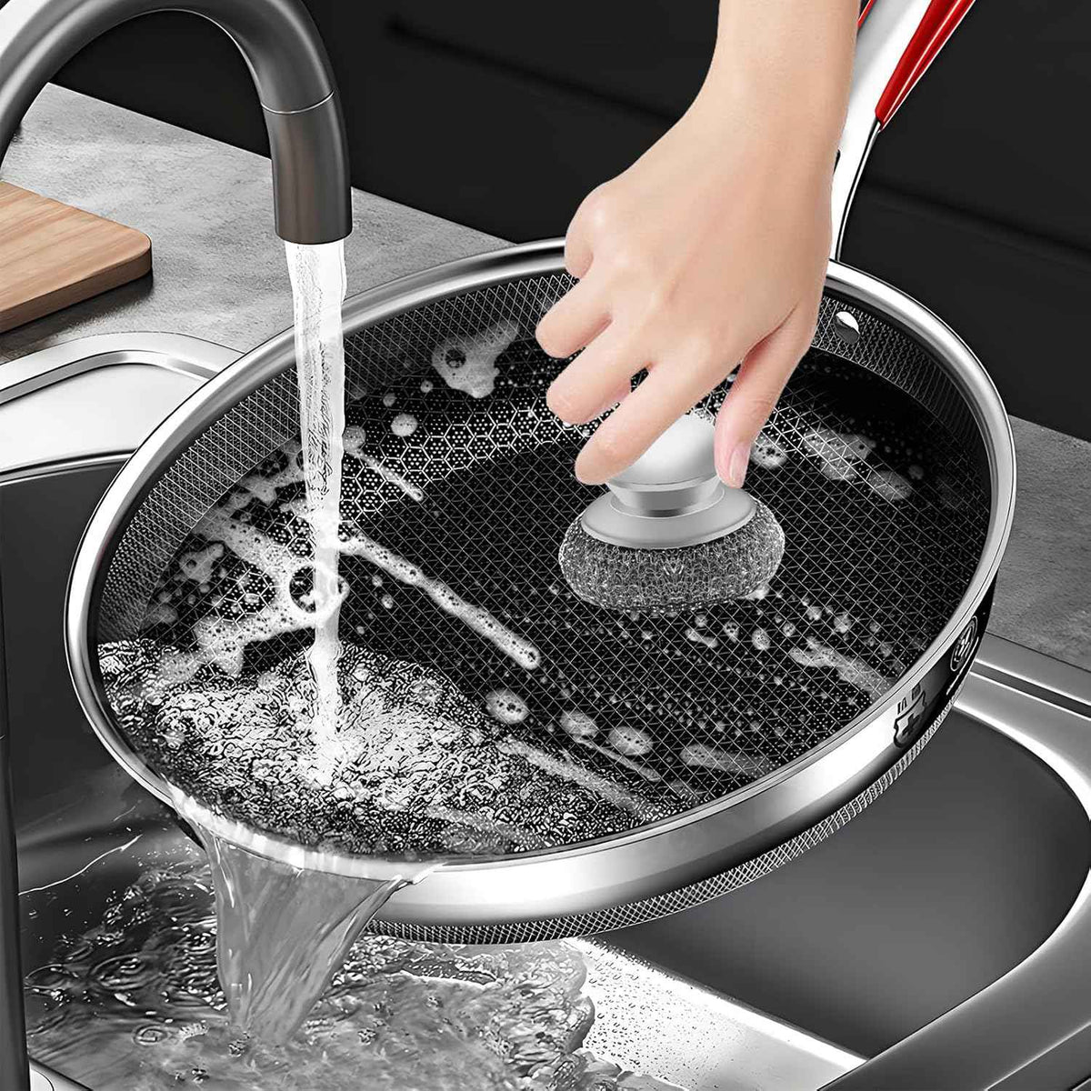 Stainless steel wool scrubber with 2 replacement pads for cleaning metal pans, pots, grills, and more