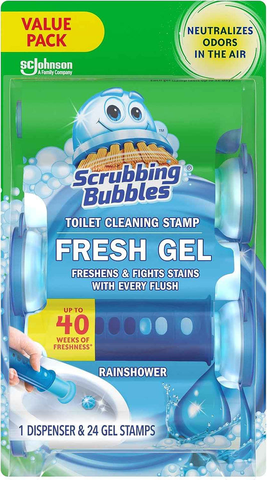 Scrubbing Bubbles Fresh Gel Toilet Bowl Cleaning Stamps, Helps Keep Toilet Clean and Helps Prevent Limescale & Rings, Rainshower Scent, 1 Dispenser with 24 Fresh Gel Stamps