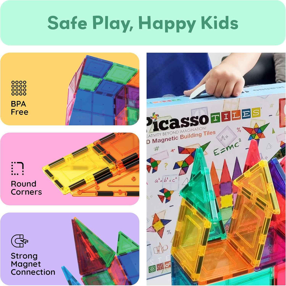 PicassoTiles 100 Piece Set 100pcs Magnet Building Tiles Clear Magnetic 3D Blocks Construction Playboards, Creativity Beyond Imagination, Inspirational, Recreational, Educational Conventional
