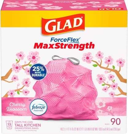 Glad Tall Kitchen Trash Bags 13 Gallon, MaxStrength Cherry Blossom Garbage Bags, Drawstring, 90 Count - Rayz Mart