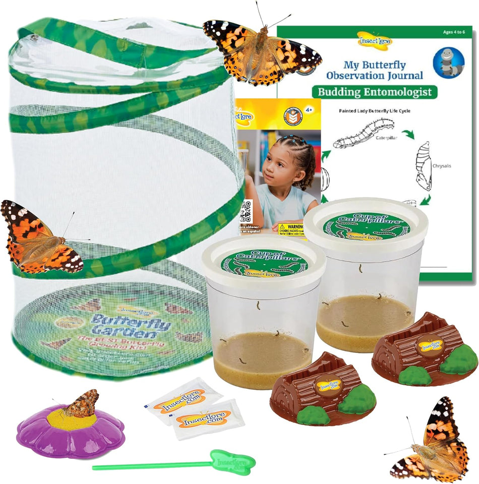Insect Lore Butterfly Garden with 10 Live Baby Caterpillars - Habitat, Feeder, Chrys-A-Lid Holders, STEM Activity Journal - Raise and Release Painted Lady Butterflies
