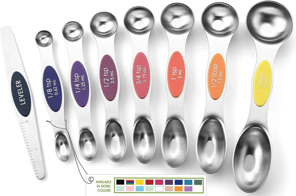 Spring Chef Stainless Steel Magnetic Measuring Spoons Set with Strong N45 Magnets, Heavy Duty Metal Kitchen Gadgets for Baking & Cooking, Fits in Most Kitchen Spice Jars, Set of 8 with Leveler, Black