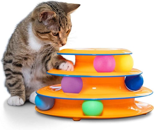 Catstages Tower of Tracks – 3-Level Interactive Cat Toy with 6 Spinning Balls, Non-Slip Base, Ideal for Indoor Cats, Orange
