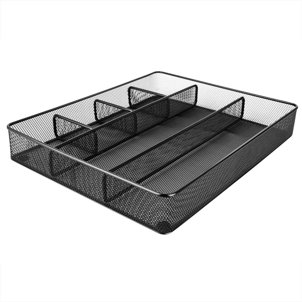 Desk Drawer Organizer - Metal Mesh, Anti-Slip, 6 Compartments, Black, Adjustable and Stackable