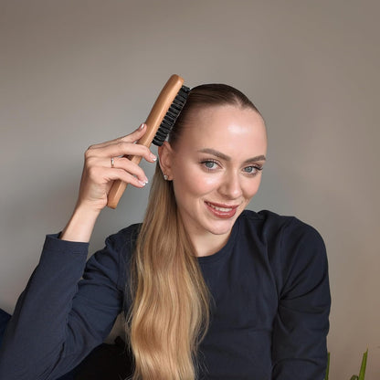 GranNaturals Boar Bristle Slick Back Hair Brush - Soft/Medium Smoothing Hairbrush to Style, Polish, & Lay Hair Down Flat to Create a Sleek Frizz Free Hairstyle for Women and Men - Wooden Handle