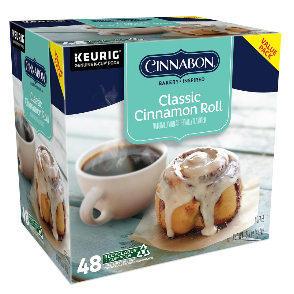 Cinnabon Classic Cinnamon Roll Keurig K-Cup Pods, Light Roast Coffee, 48 Count, Orthodox Union Kosher