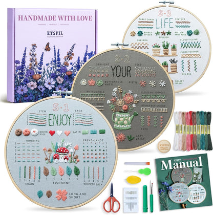 ETSPIL Embroidery Kit for Adult Beginners, 3-Pack 33-Stitch Practice Samplers, Pre-Stamped Patterns, 7.8-Inch Hoop, Threads & Needles, Step-by-Step Guide & Video, DIY Needlework Craft Gift for Women
