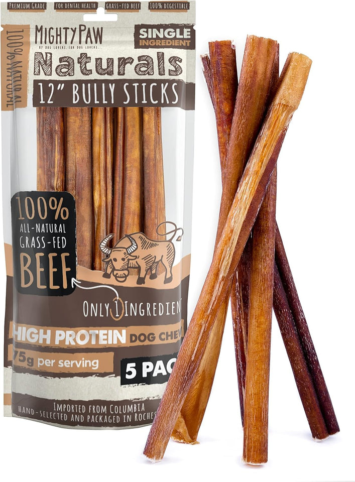Mighty Paw 12" All Natural Grass Fed Beef Bully Sticks for Large Dogs and Small Breeds - Single Ingredient Treats