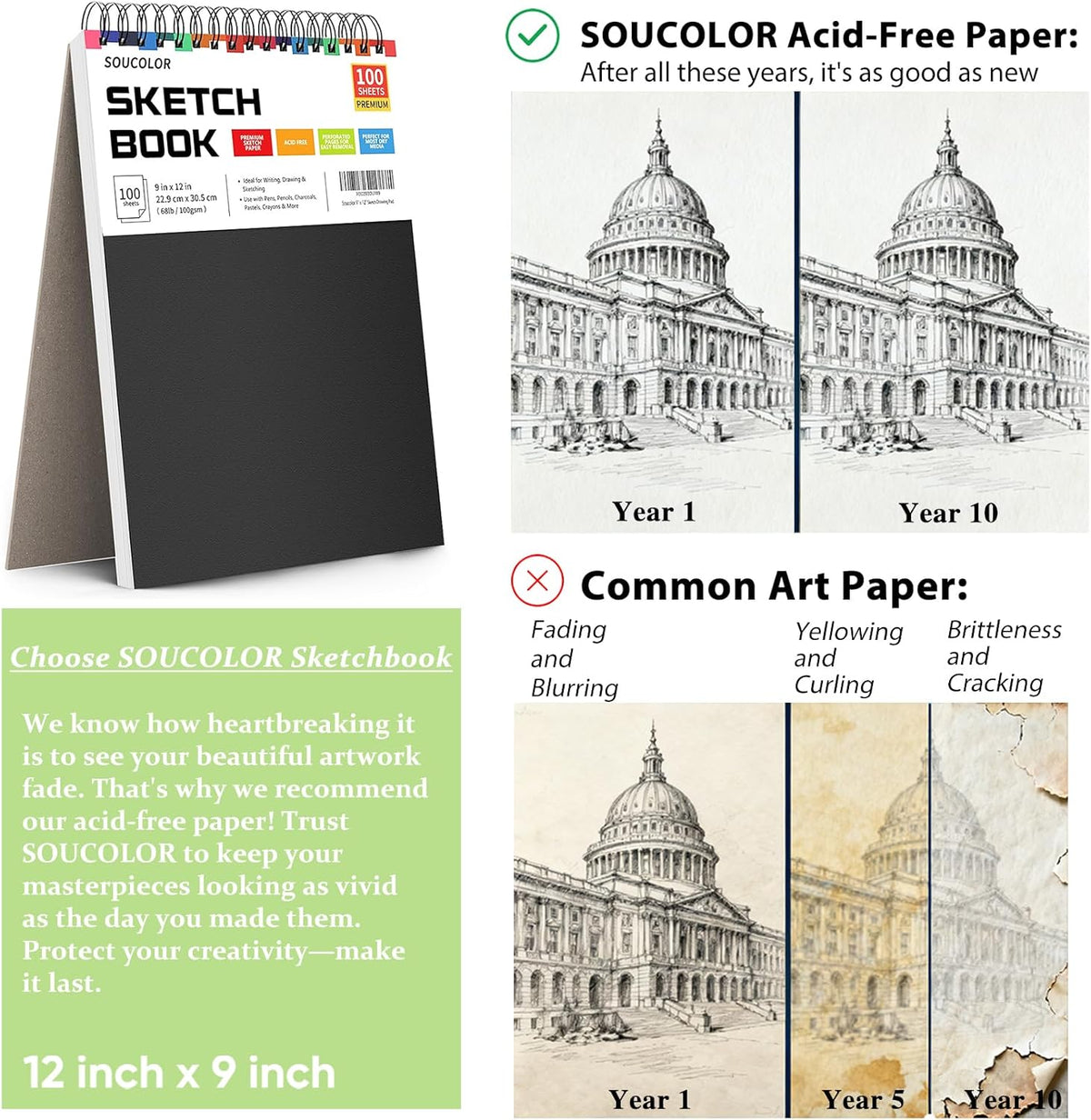 Soucolor Sketch Book, Spiral Bound Acid-Free Sketchbook with 68lb/100gsm for Paper Painting, Drawing, Writing, Artist Sketching Pad for Kids, Adults & Teens, 100 Sheets (Black, 9 x 12 Inch, Pack of 1)