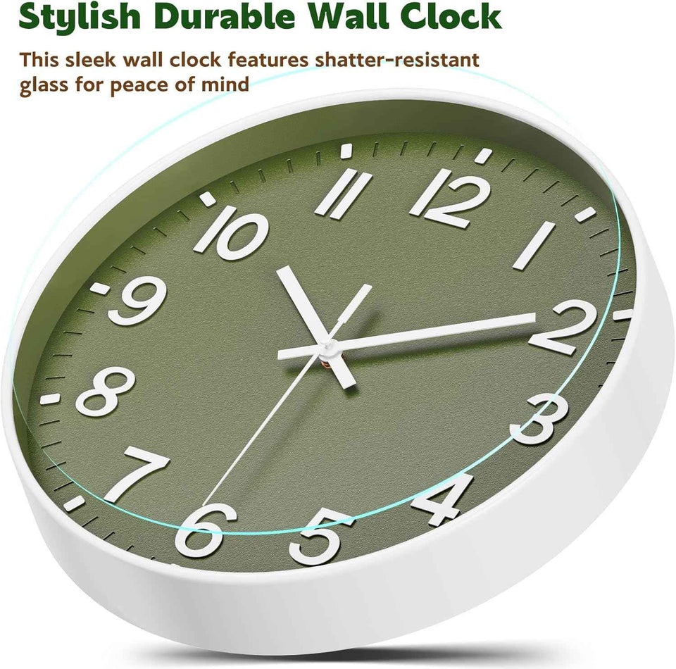 Silent Wall Clock Non-Ticking Battery Operated – Modern Olive Green Analog Wall Clock for Living Room, Kitchen, Office, Bedroom – Stylish Home Wall Decor Clock, 8 Inch