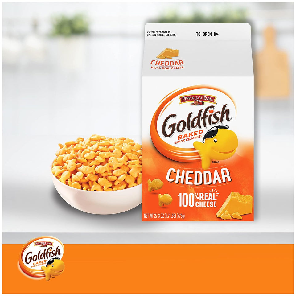 Goldfish cheddar cheese crackers, 27.3 oz carton, 100% real cheese, plant-based colors, 55 pieces per serving