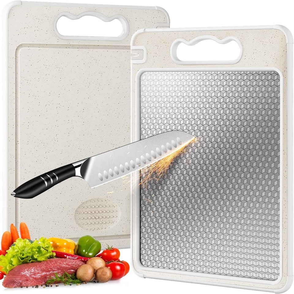 Double Sided 304 Stainless Steel & Wheat Straw Cutting Board, 14.4"*9.8" Non Toxic Chopping Board, Separately Handle Meat and Vegetables, Dishwasher Safe, Scratch Resistant Mesh Design