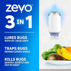Zevo 2 Flying Insect Traps & 2 Refill Cartridges - Plug in Fly Trap & Indoor Bug Catcher for Gnats, House & Fruit Flies - Blue & UV Light Technology, Mess-Free Alternative to Bug Zapper
