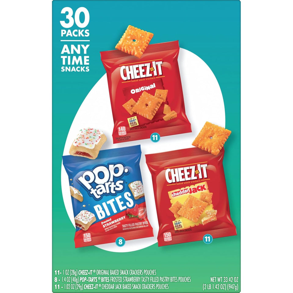 Cheez-It and Pop-Tarts snacks variety pack, 30 count, 33.42oz box, wheat, milk, and soy ingredients