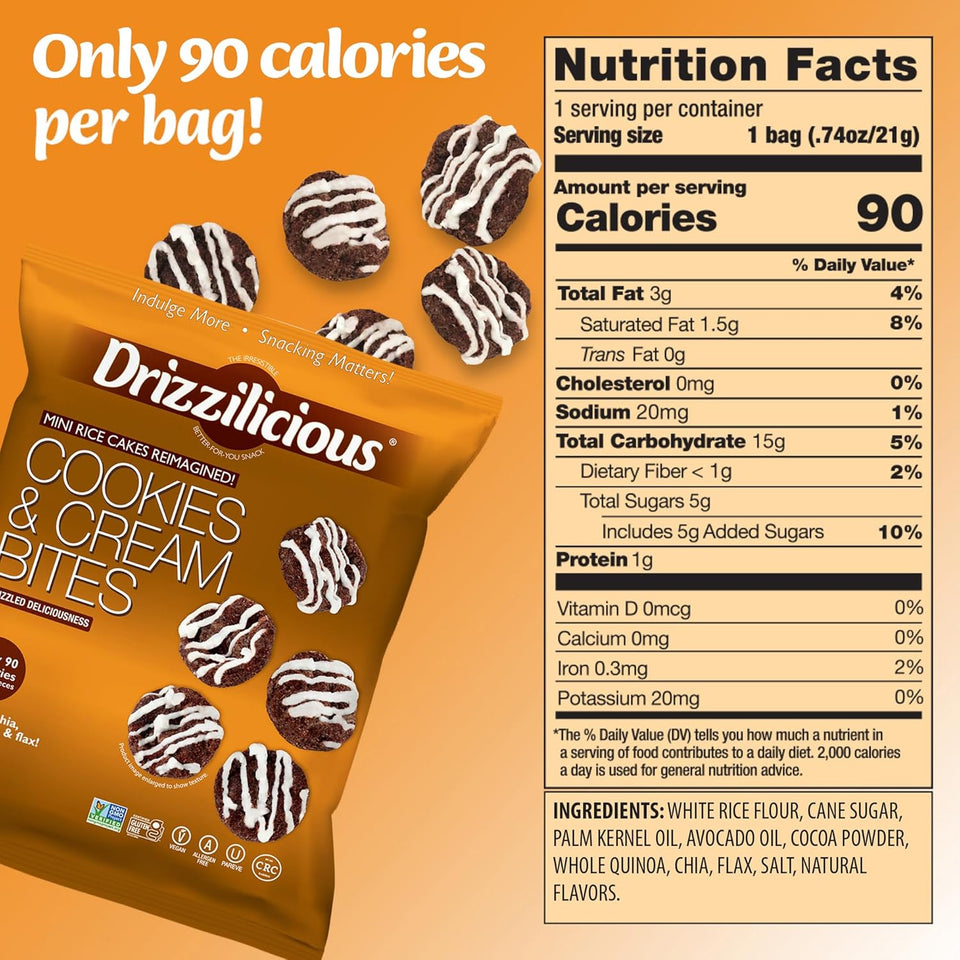 drizzilicious mini rice cakes variety pack, gluten free, vegan, low calorie, perfect snack for adults and kids, 0.74 oz, 12 pack