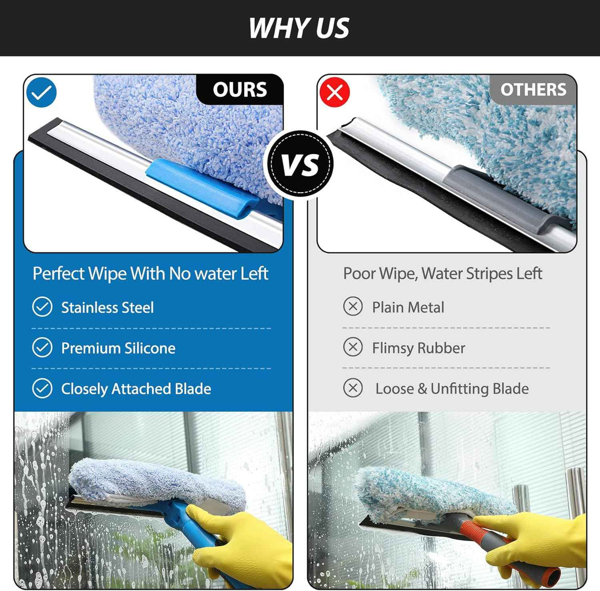 VITEVER Professional 69'' Window Squeegee Cleaner Tool with Extension Pole, 2-in-1 Squeegee for Window Cleaning Kit with Scrubber and Rotating Head, 1 Blade 2 Scrubber