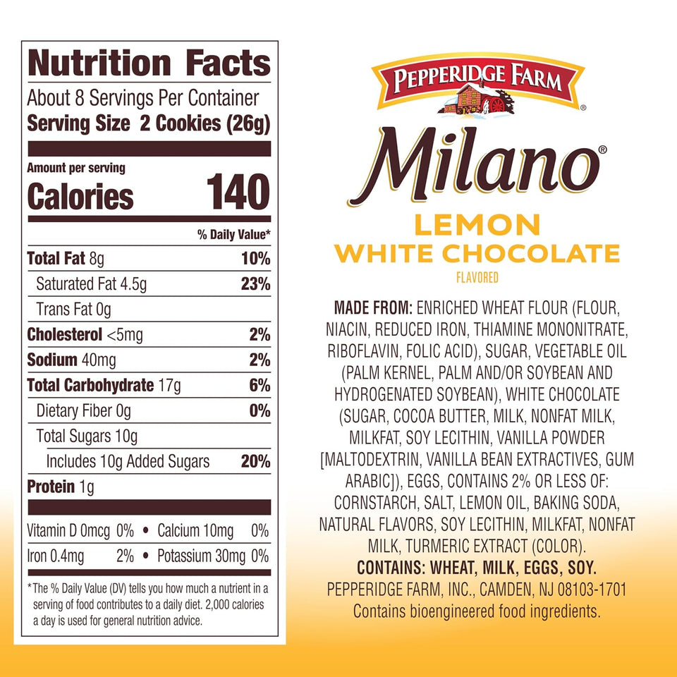 Pepperidge Farm Milano white chocolate lemon flavored cookies, 7 oz bag, classic and sweet