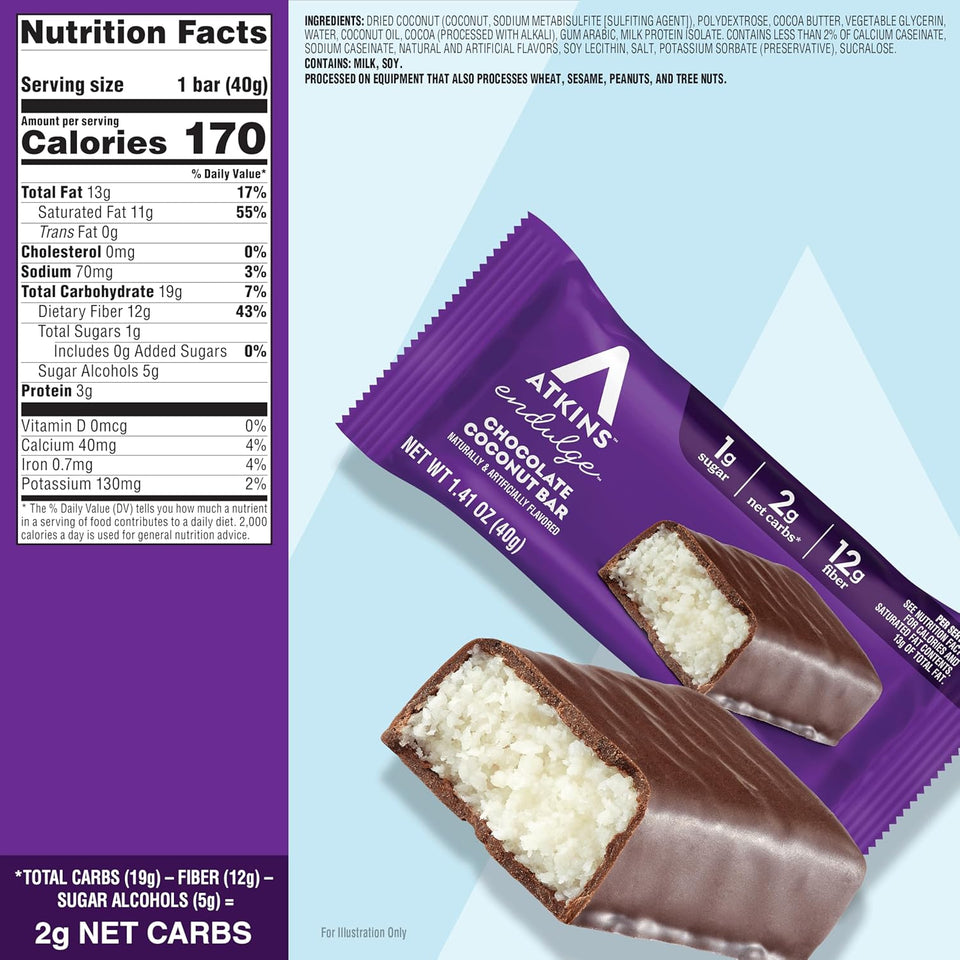 atkins endulge chocolate coconut flavored snack bar 16 count keto friendly low sugar