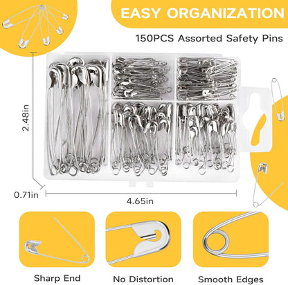 Huhuhero 160Pcs Safety Pins, Large & Small Safety Pins for Clothes Sewing Craft, Nickel Plated Steel Assorted Size Pins Bulk, Art and Craft Supplies (Sliver)