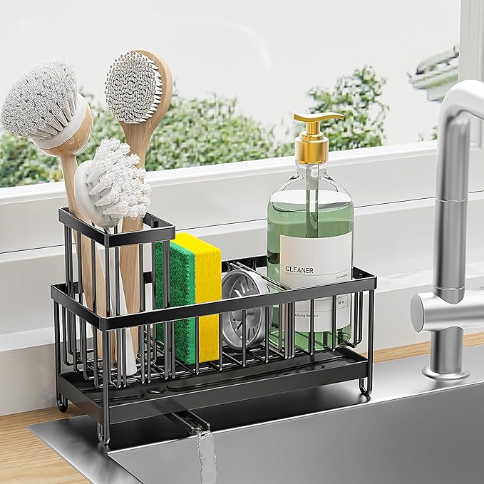 Cisily Black Sponge Holder for Kitchen Sink, Sink Caddy Organizer with High Brush Holder, Kitchen Countertop Organizers and Storage Essentials, Rustproof 304 Stainless Steel, Soap Dispenser Organize