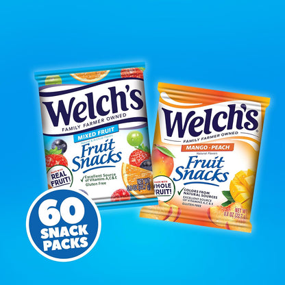 Welch's Gluten Free Mixed Fruit & Mango Peach Snack Packs, 60 x 0.8oz, Stocking Stuffers