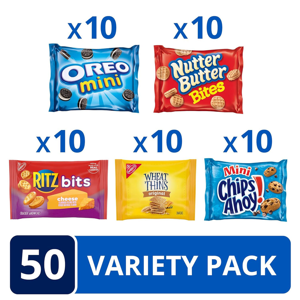 OREO Mini Cookies, Mini CHIPS AHOY! Cookies, RITZ Bits Cheese Crackers, Nutter Butter Bites & Wheat Thins Crackers, Nabisco Cookie & Cracker Variety Pack, 50 Snack Packs