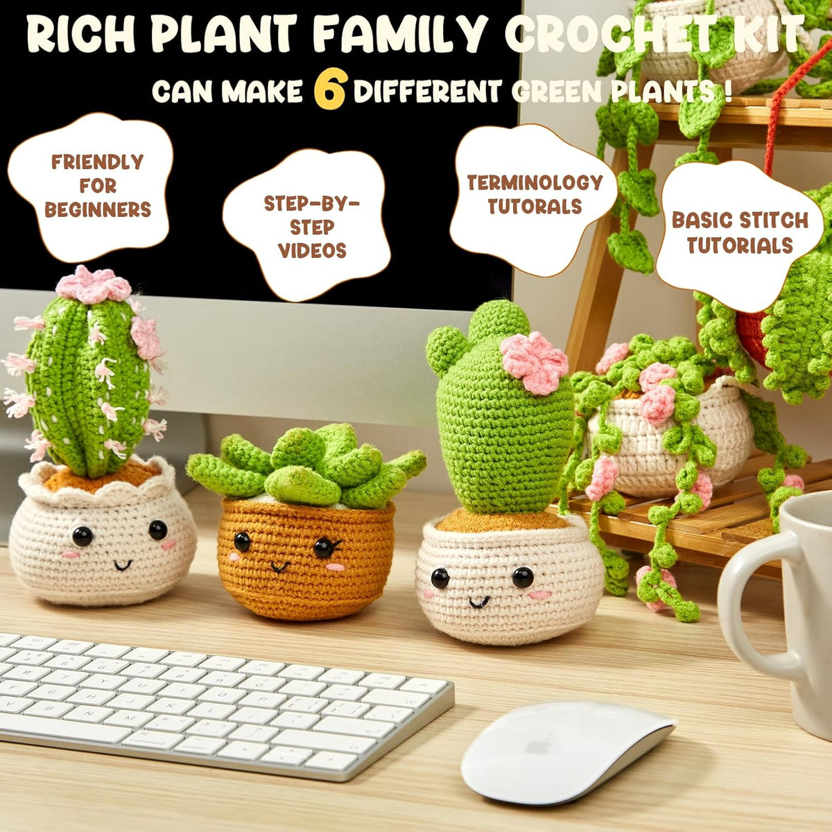 MAGIMUSE Crochet Kit for Beginners, Crochet Starter Kits, Amigurumi Craft Knitting Crocheting Kits with Step-by-Step Video Tutorials, 6 Pack Hanging Potted Plants Family(40%+ Yarn