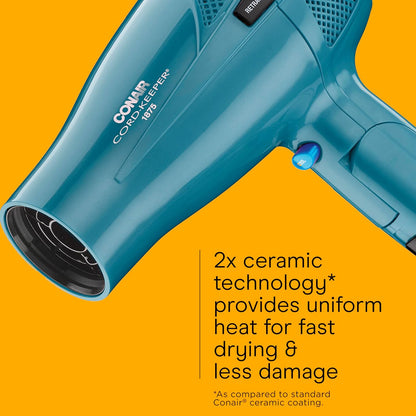 Conair Cord-Keeper Dryer with Folding Handle and Retractable Cord, 1875W Travel Hair Dryer, Ionic Technology, Teal