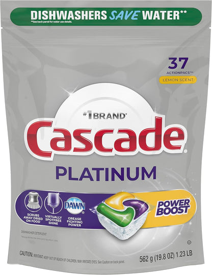Cascade Platinum Power Boost Dishwasher Pods, Dishwasher Detergent, Dishwasher Soap, Dish Tabs, Dishwashing Tablets, Dish Detergent, Lemon, Actionpacs, 37 Count