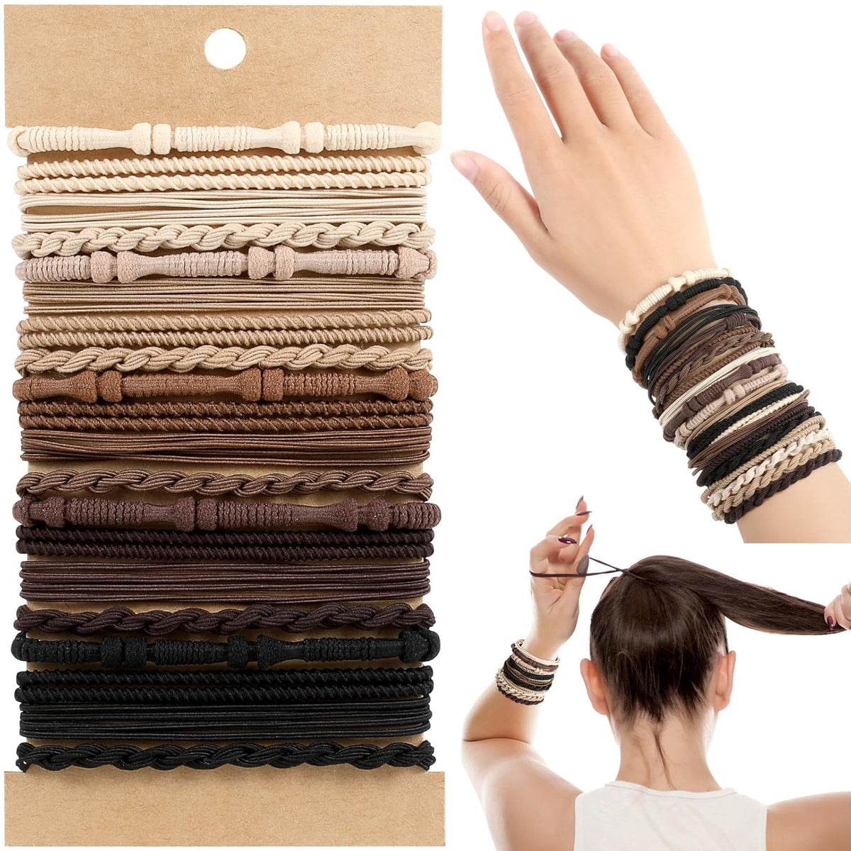 Boho Hair Ties, 20 PCS of 4 Styles Cute Bands for Thick or Thin Hair, No Damage Elastic Bracelets, Brown Hair Accessories for Girls and Women
