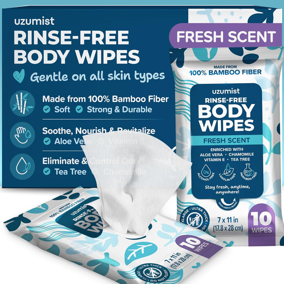 Body Wipes for Adults, No Rinse, 50pc XL, Ultra Thick Shower Travel Wipes for Personal Cleansing & Hygiene Essentials