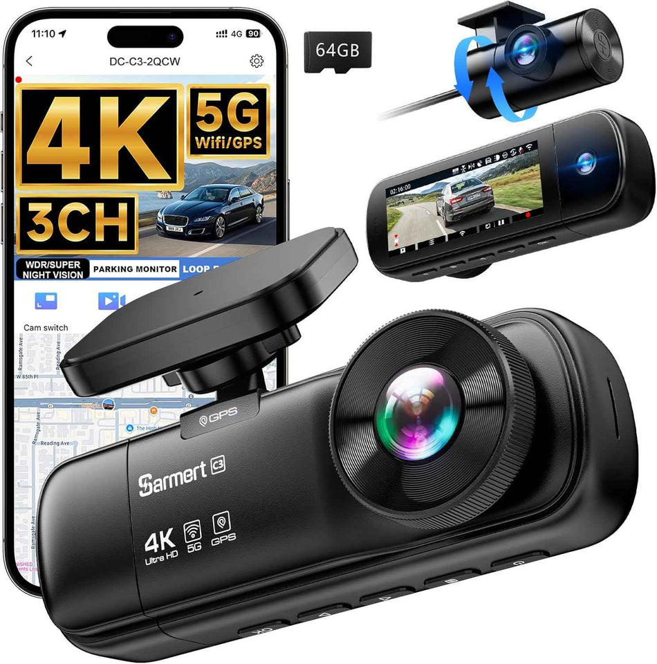 SARMERT 4K 3 Channel Dash Cam, Dash Cam Front and Rear C3, Free 64GB Card, 4K+1080P+1080P Dashcam, G-Sensor, WDR, APP, 5G WiFi, Night Vision, 24H Parking Monitor